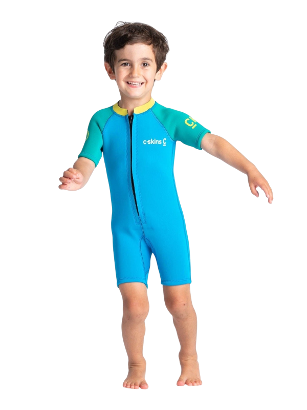 C-Skins Toddler C-Kid Front Zip Shorty - Cyan/Green/Aurora Yellow