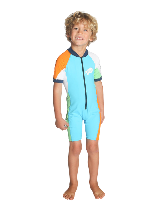 C-Skins Toddler UV Front Zip Shortie Sunsuit - Turquoise/Orange/Green