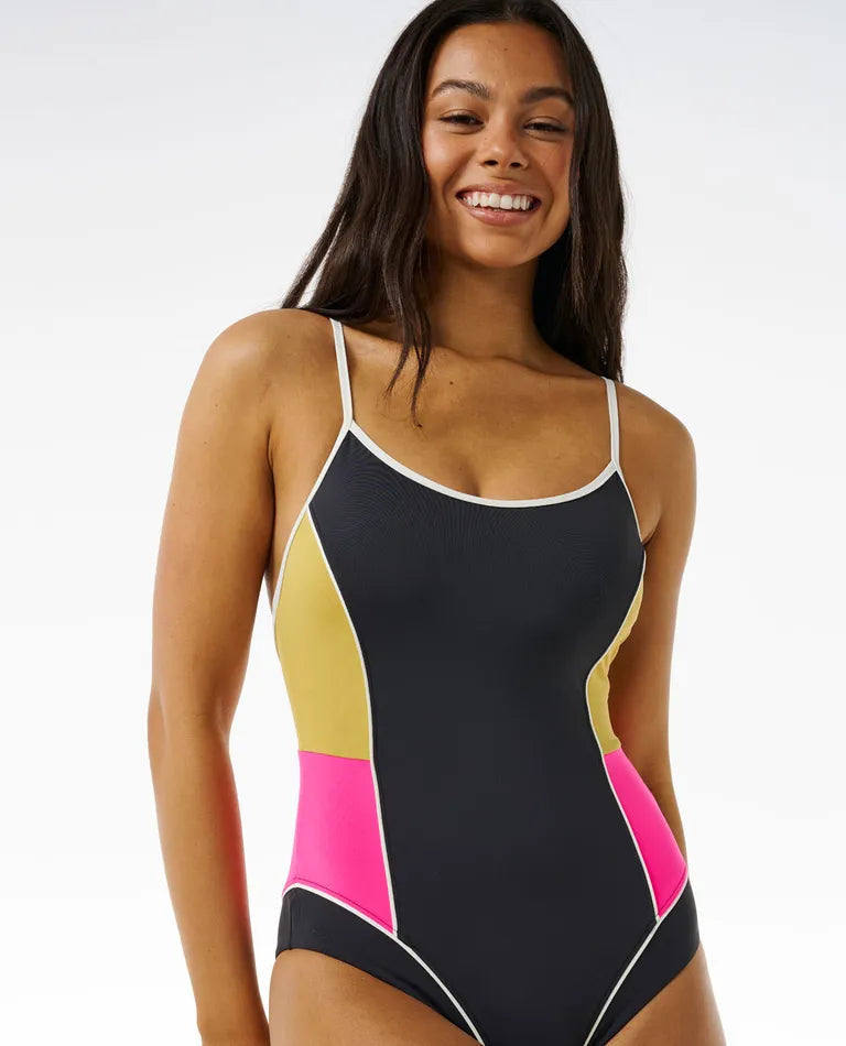 Rip Curl Hibiscus Heat Splice One Piece Swimsuit - Washed Black-Womens clothing-troggs.com