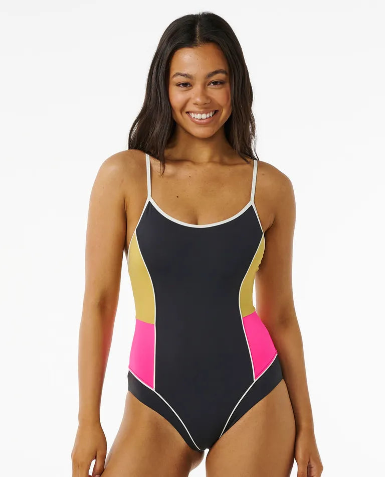 Rip Curl Hibiscus Heat Splice One Piece Swimsuit - Washed Black-Womens clothing-troggs.com